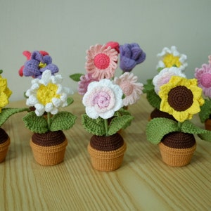 Puede incluir: Una colección de arreglos florales de ganchillo hechos a mano en pequeñas macetas de terracota. Las flores incluyen girasoles, margaritas y otras flores coloridas. Cada maceta está rellena con una base de ganchillo marrón, y las flores tienen hojas verdes.