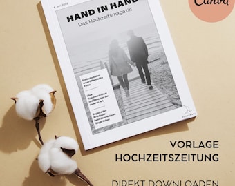 Personalisiertes Hochzeitsgeschenk: Hochzeitszeitung Premium  // Canva Vorlage Template (Hochzeitszeitschrift) DIN A4 "Hand in Hand"