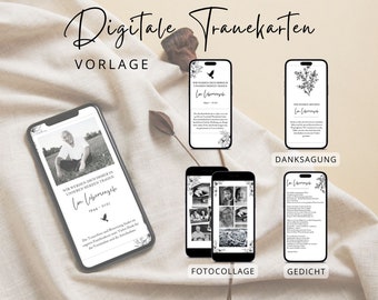 Digitale Traueranzeige, Trauerkarte, Danksagung uvm. | Canva Vorlage | Design Blumen | Versenden via WhatsApp, Messenger, Smartphone, Handy