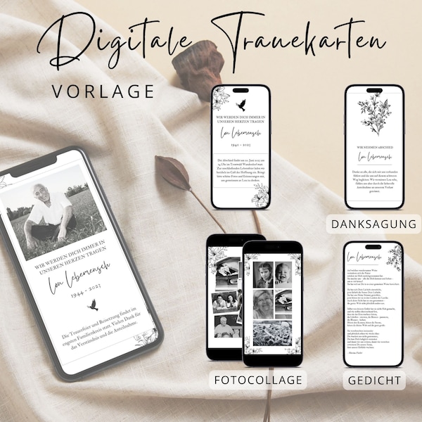 Digitale Traueranzeige, Trauerkarte, Danksagung uvm. | Canva Vorlage | Design Blumen | Versenden via WhatsApp, Messenger, Smartphone, Handy