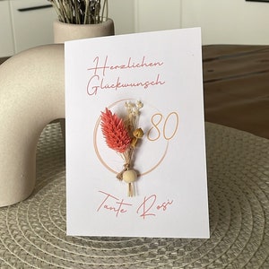 Grußkarte mit Trockenblumen und Perle zum Geburtstag Ruhestand oder zum Danke sagen mit I personalisiert mit Name und Alter
