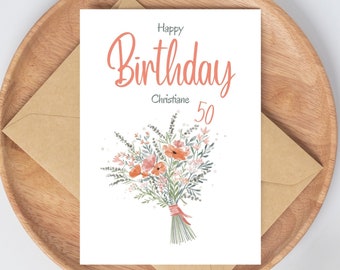 Karte zum runden Geburtstag I Grußkarte Geburtstag I 25 30 35 40 45 50 55 60 65 70 74 80 Florale Karte Geschenk