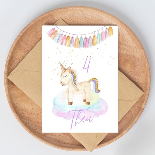 Karte zum Geburtstag für Mädchen I mit Einhorn I mit Namen I mit Alter I Geschenk zum Kindergeburtstag I Karte zum Kindergeburtstag