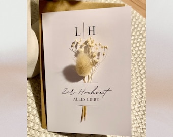 Karte zur Hochzeit | Geschenk Geldgeschenk | Trockenblumen | mit Namen | Initialen |  minimalistisch| schwarz weiß I personalisiert