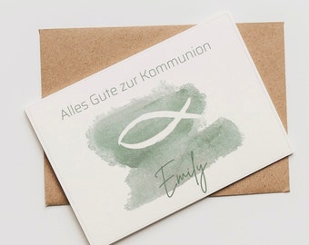 Karte zur Kommunion Konfirmation Firmung Taufe | Postkarte| Glückwunschkarte| Mädchen Junge  |personalisiert | A6Fisch | Christ Geschenk