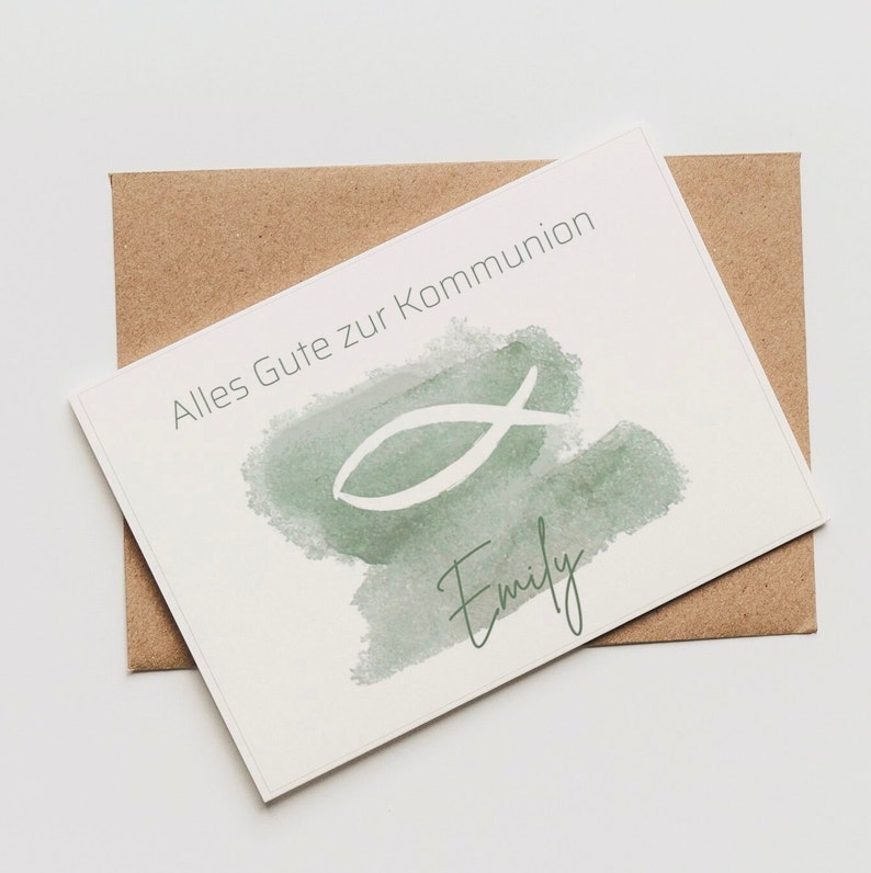 Karte zur Kommunion Konfirmation Firmung Taufe Postkarte Glückwunschkarte Mädchen Junge personalisiert A6Fisch Christ Geschenk Bild 1