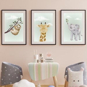 Poster 3er-Set | Wandbilder | Faultier Girraffe Elefant | Wolken | Kinderzimmer | Babyzimmer | Deko |Tiere | Jungs | Mädchen Geschenk