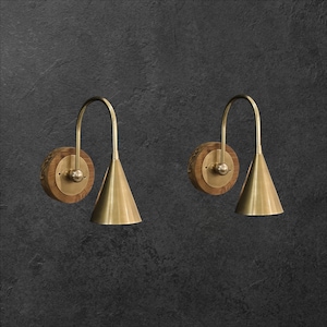Pair of Raw brass wooden base wall sconce - Italian wall sconce - Mid century wall sconce Sputnik wall sconce Vanity lamps - Bedroom lights