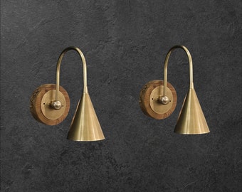 Pair of Raw brass wooden base wall sconce - Italian wall sconce - Mid century wall sconce Sputnik wall sconce Vanity lamps - Bedroom lights