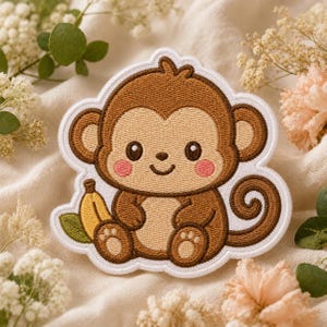 May include: A brown and tan embroidered patch featuring a cartoon monkey with large eyes, pink cheeks, and a small smile. The monkey is sitting and holding a yellow banana with a green leaf. The patch has a white border and stitched details.
