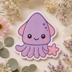 May include: An embroidered patch featuring a purple squid with large black eyes, pink cheeks, and a small smile. The squid has light pink inner tentacles and holds a small pink starfish with white dots. The patch has a thick white border.