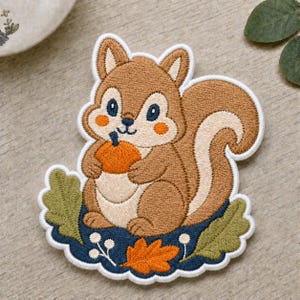 Embroidered Squirrel Patch, Woodland Animal Iron-On, Autumn Acorn Jacket Decoration