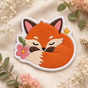 Sleeping Fox Iron-On Patch, Floral Embroidered Applique