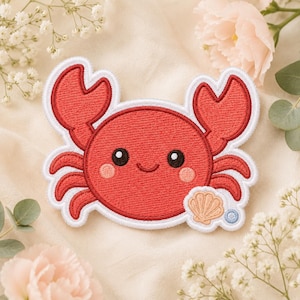 Red Crab Iron-On Patch, Seashell Embroidered Applique