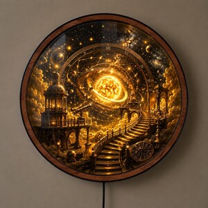 May include: A circular wall clock with a dark wood frame featuring an illuminated celestial scene. The artwork depicts a glowing sun, planetary rings, a stone observatory with a telescope, a winding staircase, and Roman numerals on the dial.