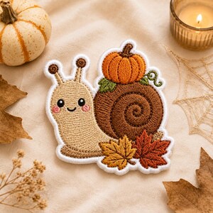 May include: An embroidered patch featuring a beige snail with a brown spiral shell. The snail carries an orange pumpkin on its back and is decorated with two autumn leaves in yellow and red at the base, all outlined in a white border.