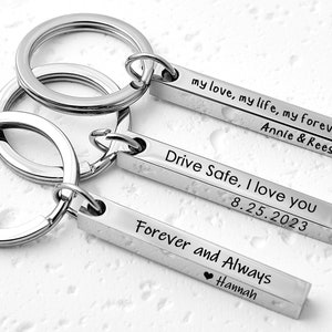 Personalized Pendant Keychain for Men,4 Sided Laser Engraved Bar Keychain,Drive Safe Keychain,New Driver Gifts,Custom Metal 3D Bar Keyring