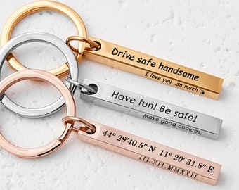 Drive Safe Keychain for Boyfriend,Personalized Stainless Steel Keychain,Engraved Mens Bar Keychain,Custom Name Keychain Gift for Her