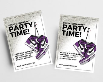 May include: Purple and white sneakers hanging from a string with the text "Sweet Sixteen Baby Party Time!" and the details of a birthday party. The text includes the date, time, location, and RSVP information.