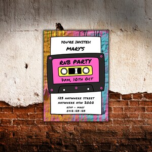 May include: A pink and black cassette tape party invitation with the text "You're Invited! Mary's RNB Party 7PM, 10th Oct" and the address "123 Anywhere Street Anywhere NSW 2000".