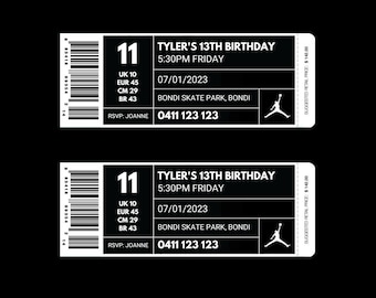 May include: Two black and white ticket stubs for Tyler's 13th birthday party. The tickets have a barcode, the number 11, and the text "Tyler's 13th Birthday", "5:30PM Friday", "07/01/2023", "Bondi Skate Park, Bondi", "RSVP: Joanne", and "0411 123 123".