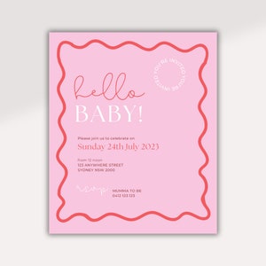 Różowy i czerwony szablon zaproszenia na baby shower, retro karta baby shower z falistą obwódką, paryski styl baby shower - cyfrowe pobieranie