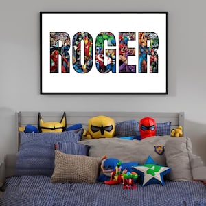 Benutzerdefiniertes Namen Wandbild - Superheld Thema - Kinder Dekor/Jungen Dekor - Auf Bestellung angefertigt