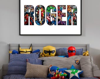 Obra de arte de pared con nombre personalizado - Temática de superhéroes - Decoración para niños/Decoración para niños - Hecha a pedido