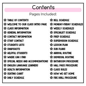 K&ouml;nnte beinhalten: Eine schwarz-wei&szlig;e Checkliste mit dem Titel "Contents: Pages Included:" und einer Liste von Klassenverfahren und Informationen, wie "Table of Contents", "Welcome to Our Class Intro Page", "Bell Schedule", "Monday-Friday Schedules", "Daily Schedule" und "Fire Drill Procedure".