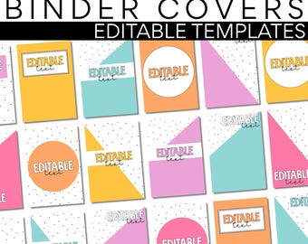 May include: A collection of colorful binder covers with geometric shapes and the text "EDITABLE text." The covers feature vibrant colors like pink, yellow, orange, and teal, with a polka dot background. The top of the image reads "VIBRANT VIBES BINDER COVERS EDITABLE TEMPLATES."