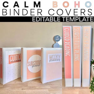 Könnte beinhalten: Eine Sammlung weißer Ordner mit pastellfarbenen Pfirsich- und rosa Akzenten. Die Ordner sind mit Texten wie "Guided Reading", "Substitute Plans" und "Weekly Planning" beschriftet. Der obere Text lautet "CALM BOHO BINDER COVERS EDITABLE TEMPLATE."