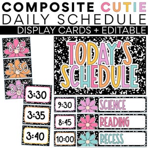 Puede incluir: Un conjunto de tarjetas de visualización de horario diario colorido con el texto "TODAY'S SCHEDULE". Las tarjetas incluyen horarios, materias y gráficos de flores. El texto "COMPOSITE CUTIE DAILY SCHEDULE DISPLAY CARDS + EDITABLE" está en la parte superior.