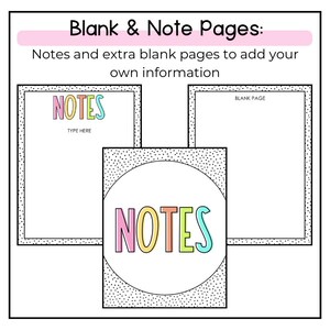 K&ouml;nnte beinhalten: Ein druckbarer Satz von leeren und Notizseiten mit einem bunten "NOTES"-Titel. Die Seiten sind zum Notieren und Hinzuf&uuml;gen von Informationen gedacht.