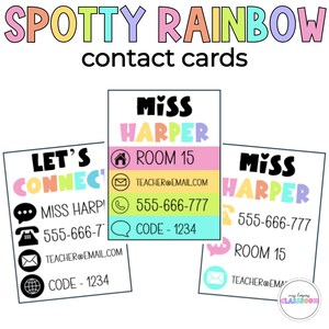 Sjablonen voor visitekaartjes voor leraren | Gevlekte regenboog | Bewerkbaar | Klasbeheer | Communicatie met ouders