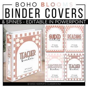 May include: A white and peach-colored binder with the text "TEACHER binder" and "4th Grade Miss Harper". The image also shows coordinating binder covers with the text "GUIDED reading", "READING assessments", "SUBSTITUTE binder", and "TEACHER binder".