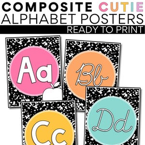 Classroom Alphabet Posters | Composition Notebook Classroom Theme | Cursive & Primary Fonts | Composite Cutie Decor