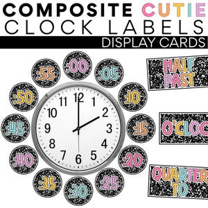 May include: A white clock with a silver rim, surrounded by circular labels and display cards. The labels show times in increments of five minutes, with the text "COMPOSITE CUTIE CLOCK LABELS DISPLAY CARDS".