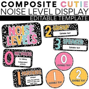 May include: A vibrant noise level display for classroom use, featuring the text "NOISE LEVELS" and editable sections. Includes levels for no voices, partners, group, and speaker.