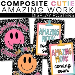 May include: A collection of display posters with the text "AMAZING WORK" in various colors and fonts. Some posters feature smiley faces, while others have a clipboard design. The background has a black and white speckled pattern.