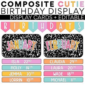 Birthday Display & Banner | Composite Cutie | Classroom Management | Editable | Composition Notebook Classroom Decor