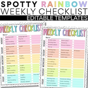 Classroom Weekly Checklist Template | Spotty Rainbow | Editable | Classroom Management | To-Do List | Task Chart | School Subject Tracker