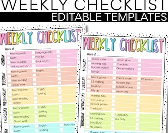 Classroom Weekly Checklist Template | Spotty Rainbow | Editable | Classroom Management | To-Do List | Task Chart | School Subject Tracker