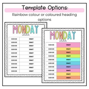 K&ouml;nnte beinhalten: Zwei druckbare Zeitplanvorlagen f&uuml;r Montag, eine mit einer regenbogenfarbenen &Uuml;berschrift und die andere mit einem regenbogenfarbenen Hintergrund. Beide Vorlagen haben einen schwarz-wei&szlig;en Punktmuster-Rand.