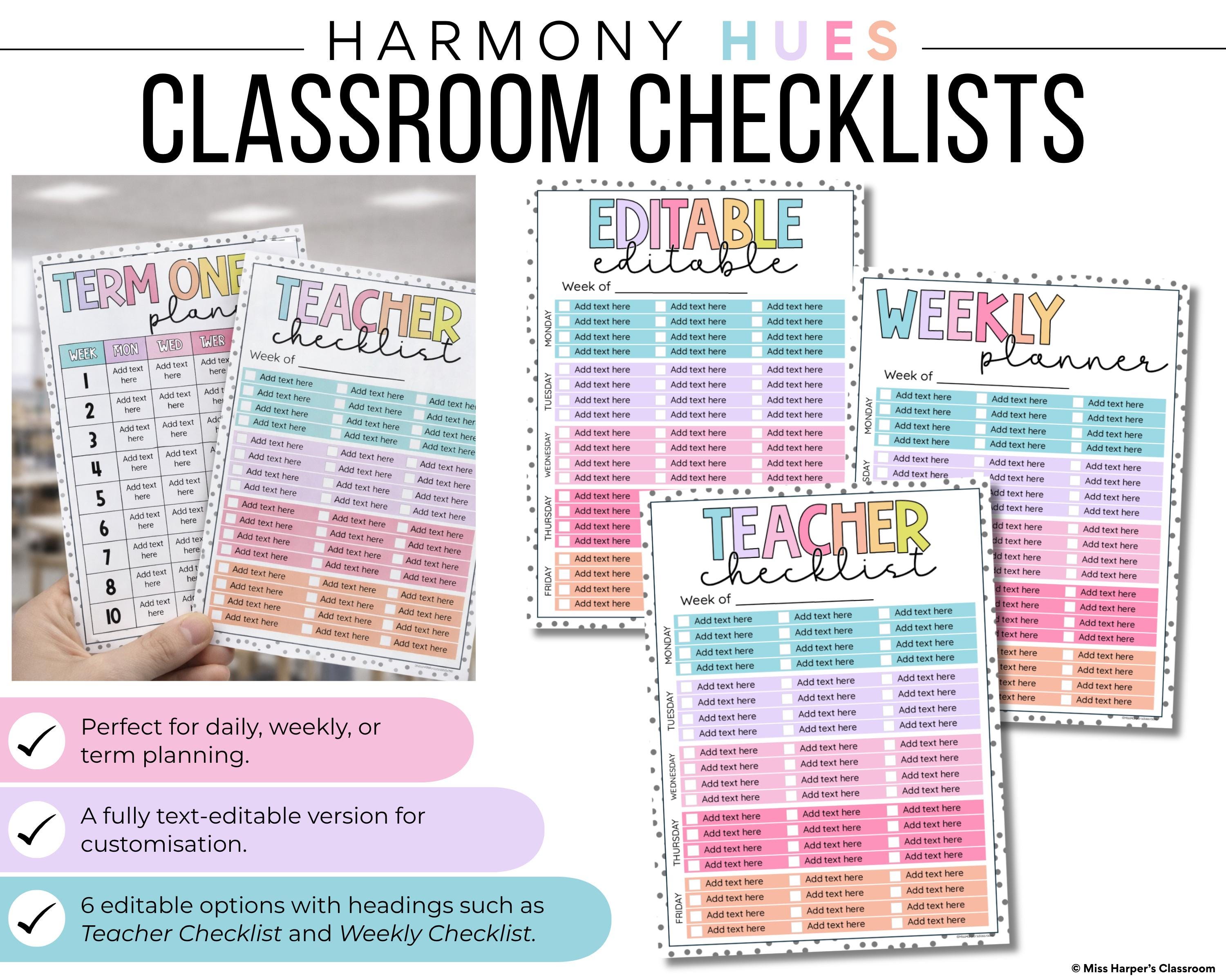 Classroom Weekly Checklist Template | Harmony Hues Pastel Classroom ...