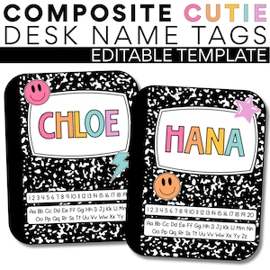 Puede incluir: Dos etiquetas de nombre de escritorio con un fondo moteado en blanco y negro. Una etiqueta dice "CHLOE" en letras coloridas, y la otra dice "HANA". Ambas etiquetas tienen una carita sonriente y un rayo o una estrella.