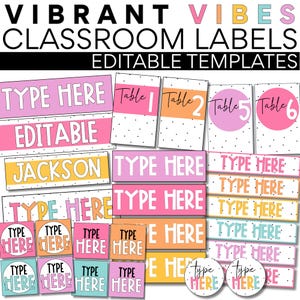 Puede incluir: Un conjunto de etiquetas coloridas para el aula con el texto "VIBRANT VIBES CLASSROOM LABELS EDITABLE TEMPLATES". Las etiquetas muestran las palabras "TYPE HERE", "EDITABLE" y "JACKSON". Las etiquetas son de varias formas y tamaños, con colores brillantes.