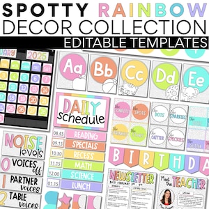 Classroom Decor Set | Spotty Rainbow | Editable | GROWING BUNDLE | Calendar | Classroom Labels | Display Set | Bulletin Borders | Lettering