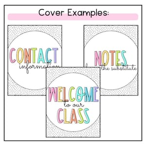 K&ouml;nnte beinhalten: Drei bunte Klassenzimmer-Schilder mit einem Tupfenhintergrund. Die Schilder sagen "Contact Information", "Welcome to our Class" und "Notes for the Substitute".