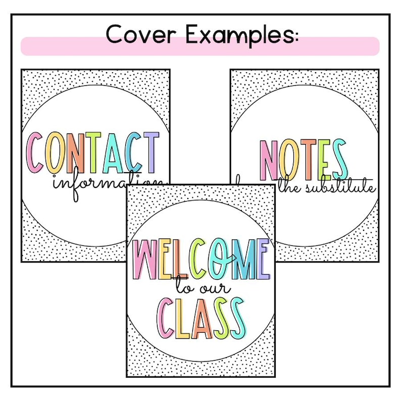 K&ouml;nnte beinhalten: Drei bunte Klassenzimmer-Schilder mit einem Tupfenhintergrund. Die Schilder sagen "Contact Information", "Welcome to our Class" und "Notes for the Substitute".