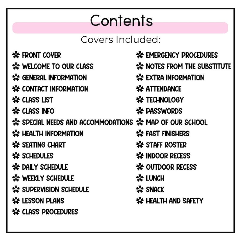 K&ouml;nnte beinhalten: Eine schwarz-wei&szlig;e Checkliste mit dem Titel "Inhalt: Enthaltene Cover:" mit einer Liste von Themen zur Klassenraumverwaltung f&uuml;r Lehrer, darunter "Titelseite", "Willkommen in unserer Klasse", "Allgemeine Informationen", "Kontaktinformationen", "Klassenliste", "Klasseninformationen", "Besondere Bed&uuml;rfnisse und Unterbringung", "Gesundheitsinformationen", "Sitzplan", "Zeitpl&auml;ne", "Tagesplan", "Wochenplan", "Aufsichtsplan", "Unterrichtspl&auml;ne", "Klassenregeln", "Notfallma&szlig;nahmen", "Notizen vom Vertretungsunterricht", "Zus&auml;tzliche Informationen", "Anwesenheit", "Technologie", "Passw&ouml;rter", "Karte unserer Schule", "Schnelle Finisher", "Personalverzeichnis", "Innenrekreation", "Au&szlig;enrekreation", "Mittagessen", "Snack" und "Gesundheit und Sicherheit".